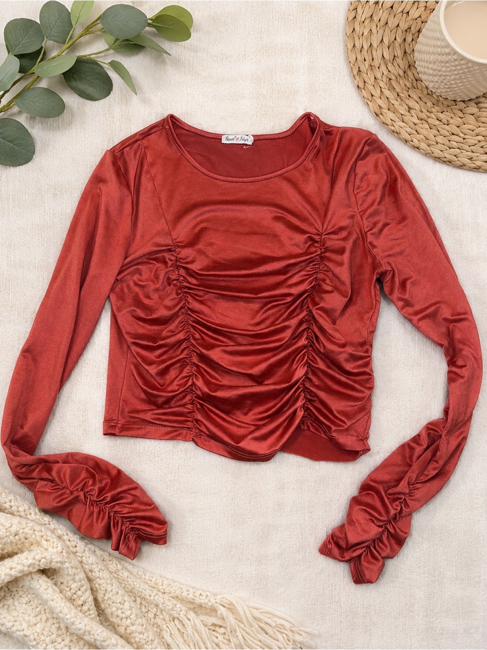 Ruched Long Sleeve Top - Rust Red crop top long sleeves heart & hips medium